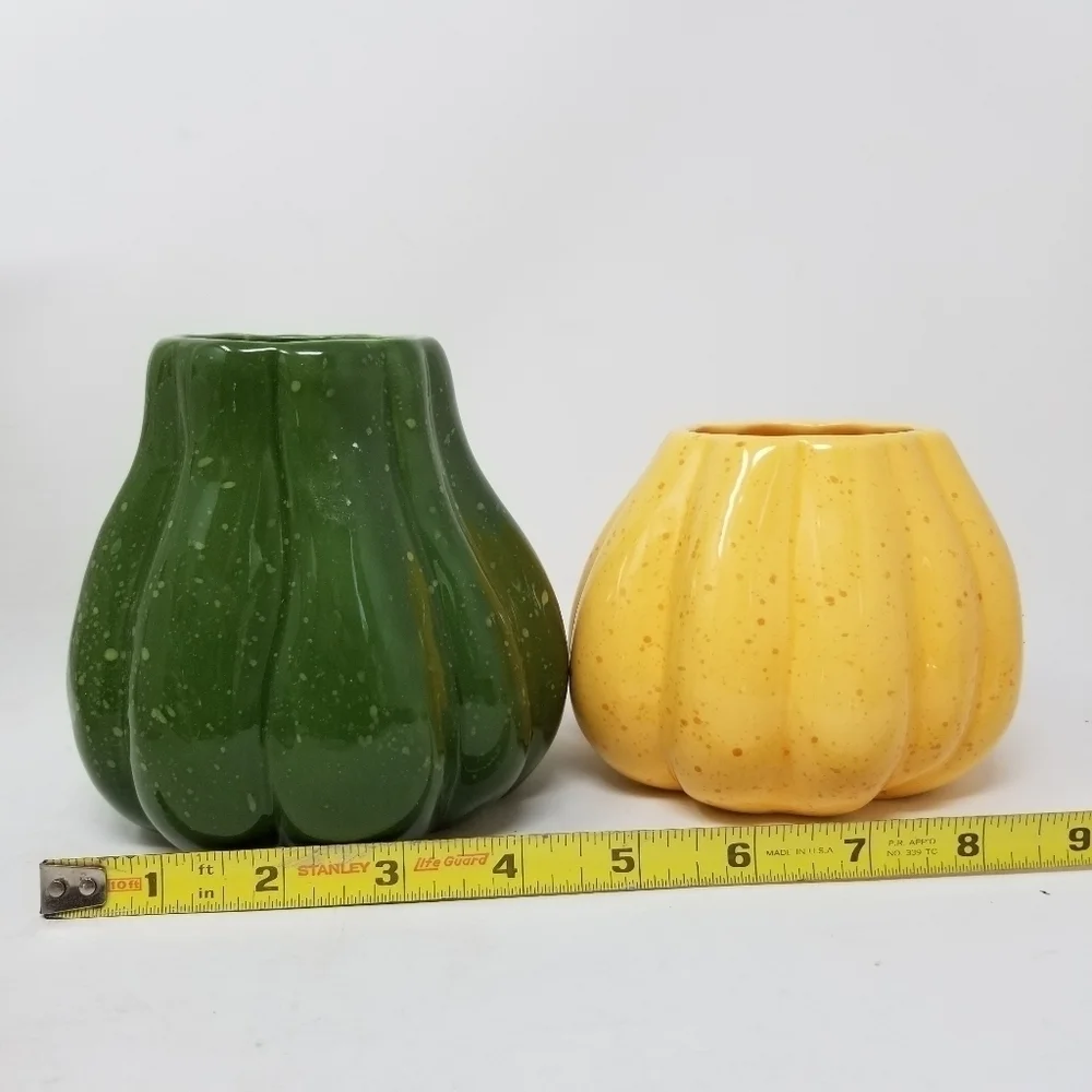 Crate and Barrel Flecked Vase Planter Gourd Squash Yellow Green Signed B Eigler